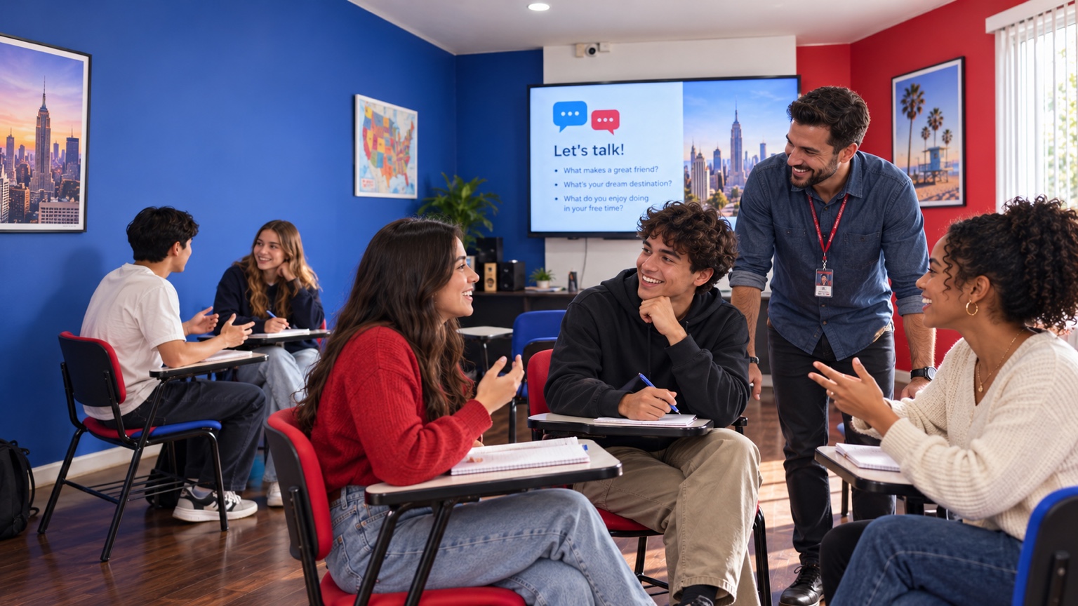 Alunos conversando em uma sala de aula da L’america